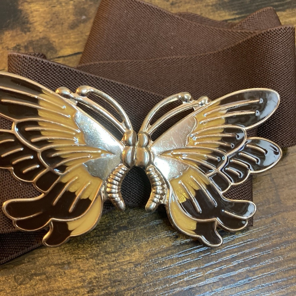Vtg Butterfly Stretch Belt Large Brown Elastic Gold Tone Butterfly Clasp Womens‎